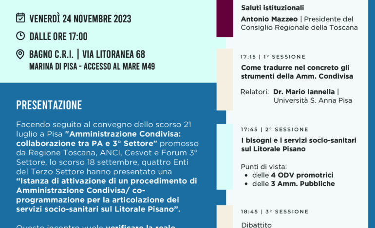 A Marina di Pisa convegno dal titolo “Amministrazione condivisa e servizi socio-sanitari sul Litorale Pisano”